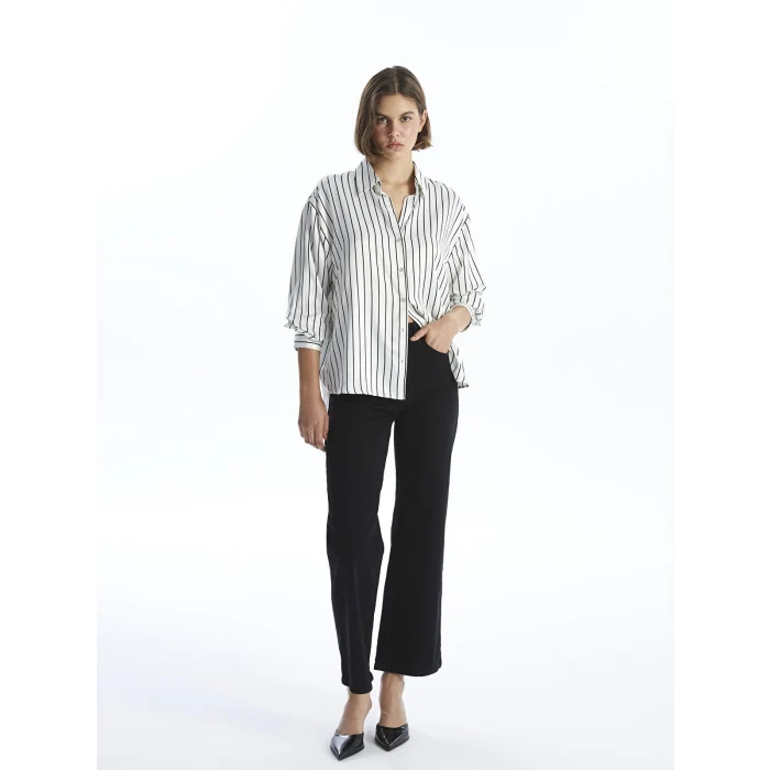 LCW Vision SİYAH Çizgili Uzun Kollu Oversize Saten Kadın Gömlek