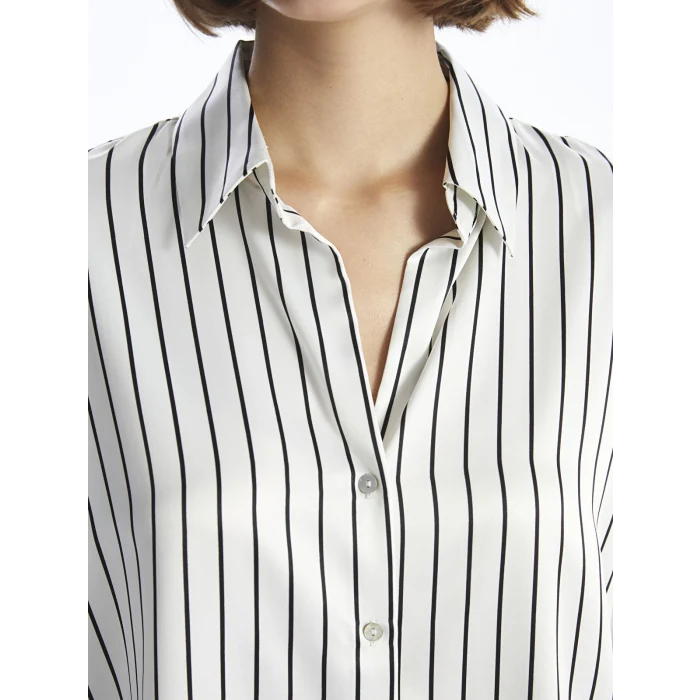 LCW Vision SİYAH Çizgili Uzun Kollu Oversize Saten Kadın Gömlek