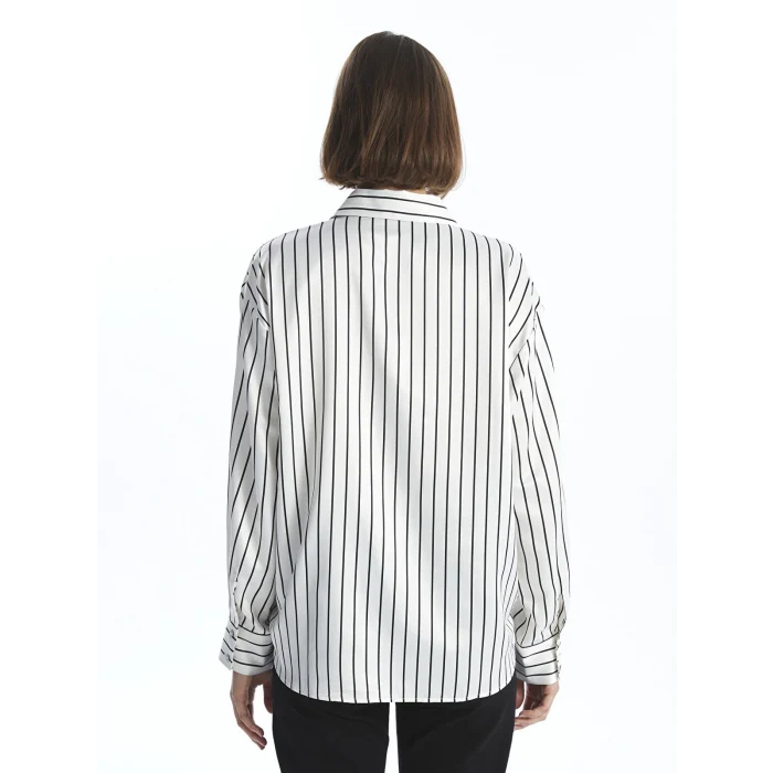 LCW Vision SİYAH Çizgili Uzun Kollu Oversize Saten Kadın Gömlek