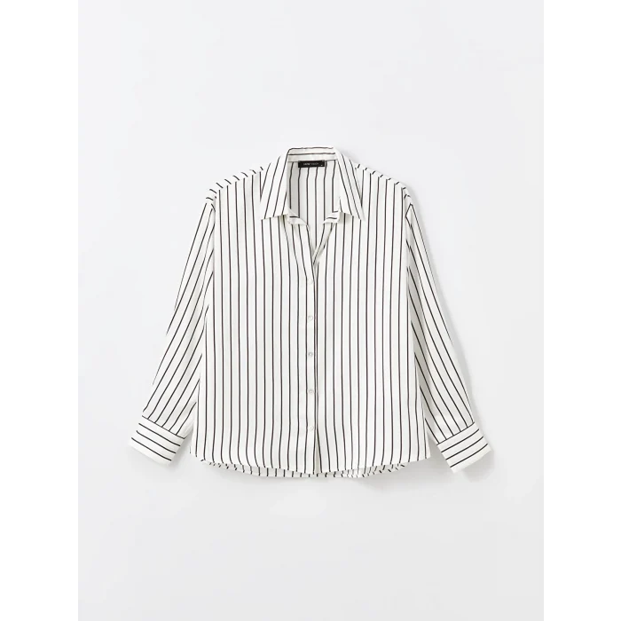 LCW Vision SİYAH Çizgili Uzun Kollu Oversize Saten Kadın Gömlek