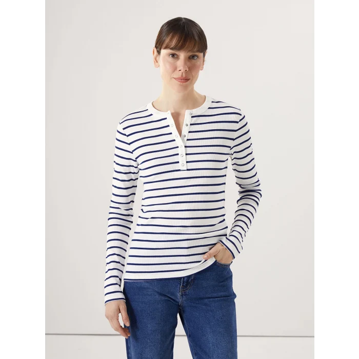 LCWAIKIKI Basic LACİVERT Bisiklet Yaka Çizgili Kadın Tişört