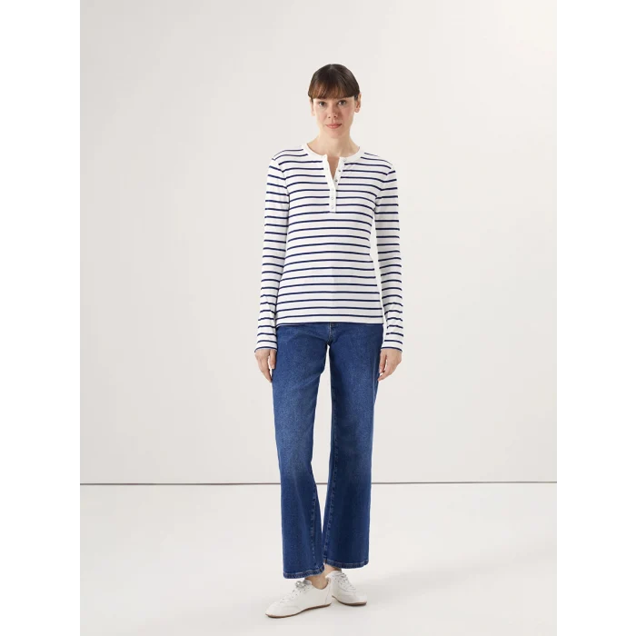 LCWAIKIKI Basic LACİVERT Bisiklet Yaka Çizgili Kadın Tişört