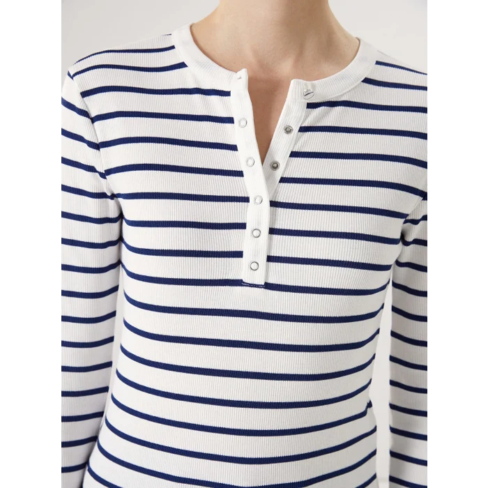 LCWAIKIKI Basic LACİVERT Bisiklet Yaka Çizgili Kadın Tişört