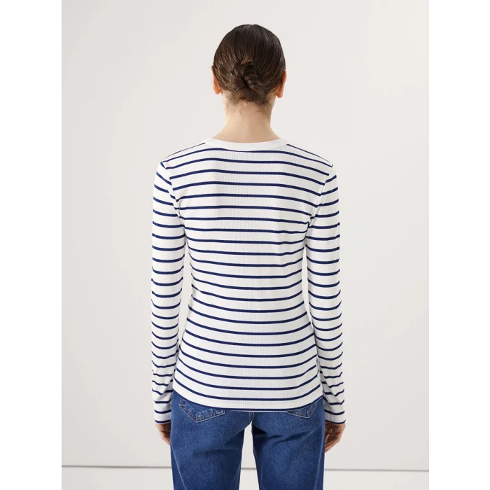 LCWAIKIKI Basic LACİVERT Bisiklet Yaka Çizgili Kadın Tişört