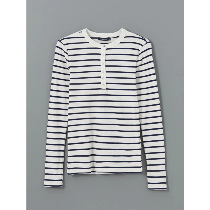 LCWAIKIKI Basic LACİVERT Bisiklet Yaka Çizgili Kadın Tişört