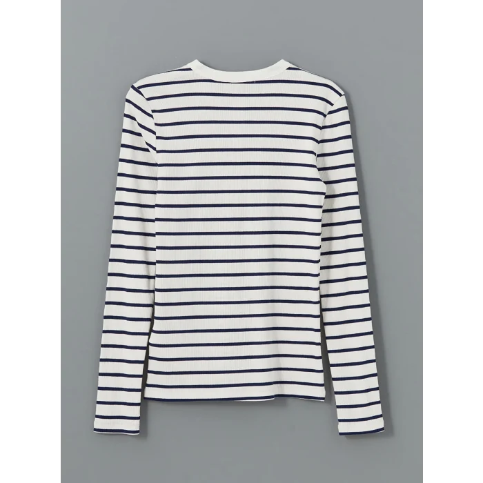 LCWAIKIKI Basic LACİVERT Bisiklet Yaka Çizgili Kadın Tişört