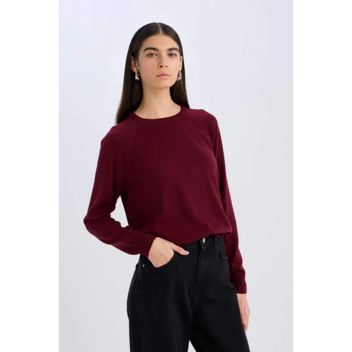 Defacto I6913 Bordo Regular Fit Yumuşak Dokulu Bisiklet Yaka Basic Düz Triko Kazak