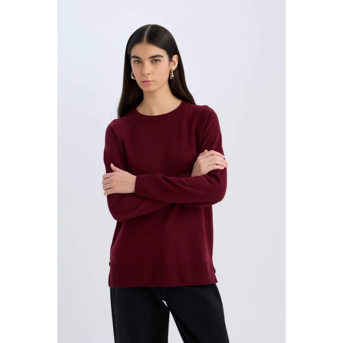 Defacto I6913 Bordo Regular Fit Yumuşak Dokulu Bisiklet Yaka Basic Düz Triko Kazak
