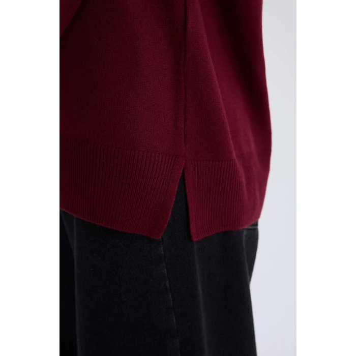 Defacto I6913 Bordo Regular Fit Yumuşak Dokulu Bisiklet Yaka Basic Düz Triko Kazak