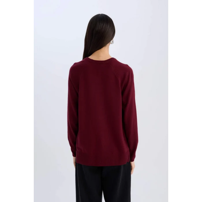 Defacto I6913 Bordo Regular Fit Yumuşak Dokulu Bisiklet Yaka Basic Düz Triko Kazak