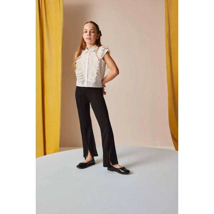 Defacto Siyah Kız Çocuk Flare Fit Yırtmaçlı Pantolon