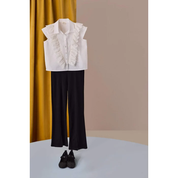 Defacto Siyah Kız Çocuk Flare Fit Yırtmaçlı Pantolon