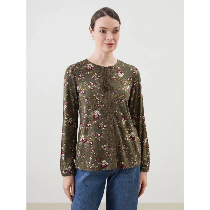 LCW Grace HAKİ Bağlamalı Yaka Çiçekli Kadın Bluz