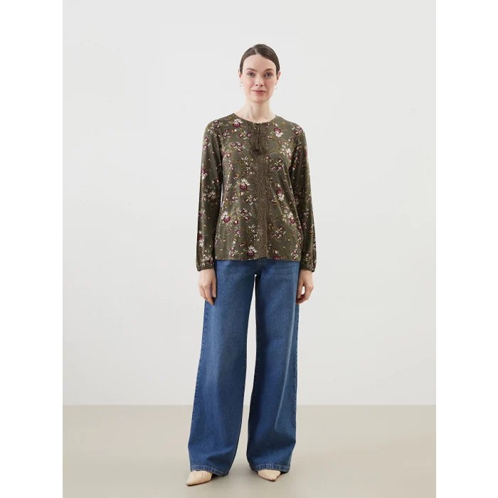 LCW Grace HAKİ Bağlamalı Yaka Çiçekli Kadın Bluz