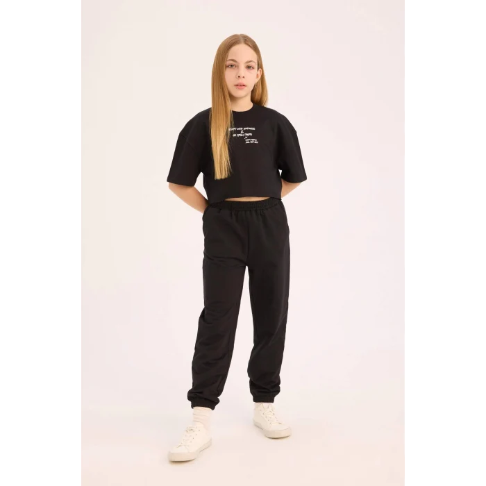 Defacto Siyah Kız Çocuk 2li Takım Bisiklet Yaka Baskılı Kısa Kollu Tişört Beli Paçası Lastikli Eşofman Altı