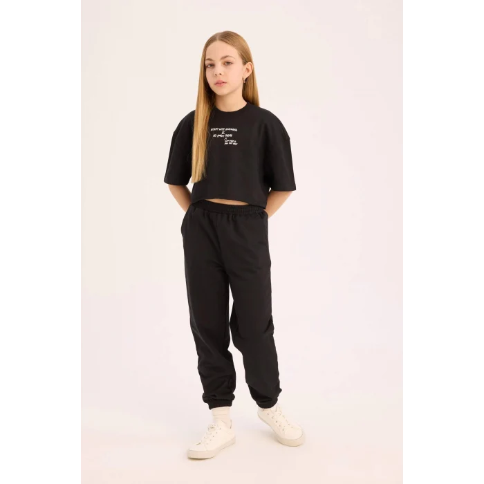 Defacto Siyah Kız Çocuk 2li Takım Bisiklet Yaka Baskılı Kısa Kollu Tişört Beli Paçası Lastikli Eşofman Altı