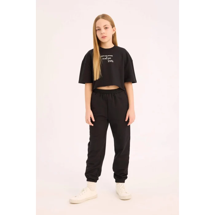 Defacto Siyah Kız Çocuk 2li Takım Bisiklet Yaka Baskılı Kısa Kollu Tişört Beli Paçası Lastikli Eşofman Altı