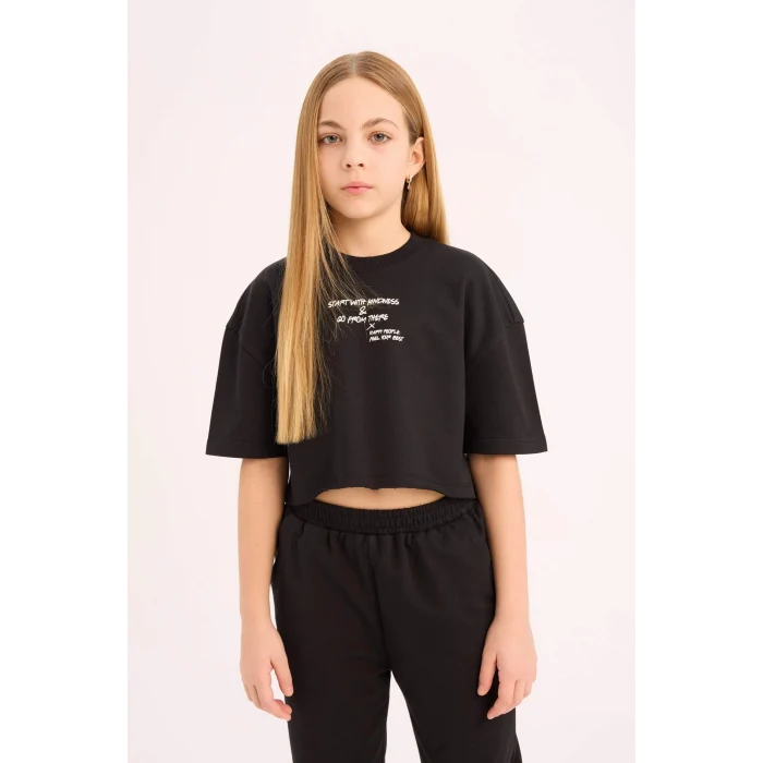 Defacto Siyah Kız Çocuk 2li Takım Bisiklet Yaka Baskılı Kısa Kollu Tişört Beli Paçası Lastikli Eşofman Altı