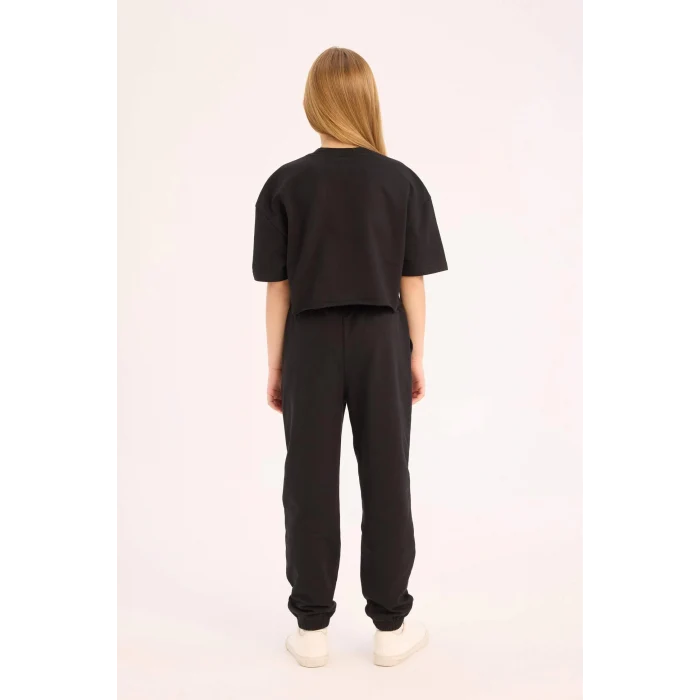 Defacto Siyah Kız Çocuk 2li Takım Bisiklet Yaka Baskılı Kısa Kollu Tişört Beli Paçası Lastikli Eşofman Altı