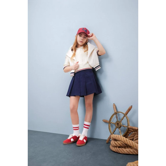 Defacto E006 Lacivert Kız Çocuk Pileli Gabardin Etek