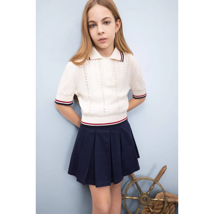 Defacto E006 Lacivert Kız Çocuk Pileli Gabardin Etek