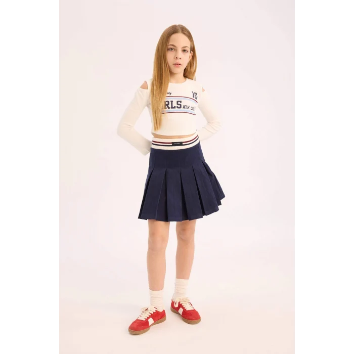 Defacto E006 Lacivert Kız Çocuk Pileli Gabardin Etek