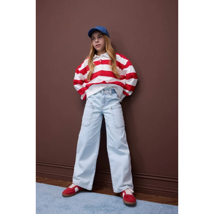 Defacto D711 Mavi Kız Çocuk Paperbag Kargo Geniş Paça Pamuklu Pantolon