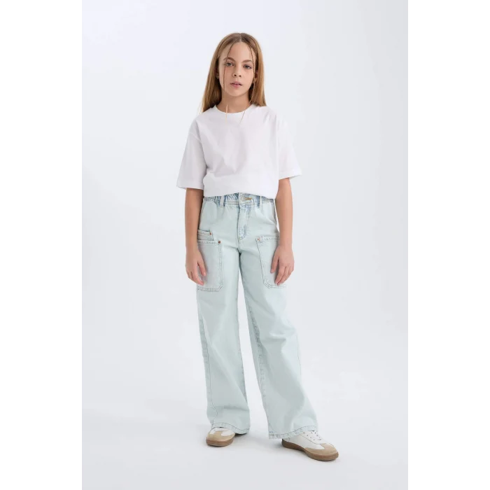 Defacto D711 Mavi Kız Çocuk Paperbag Kargo Geniş Paça Pamuklu Pantolon