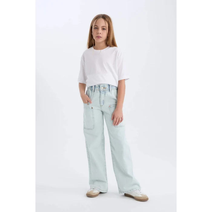 Defacto D711 Mavi Kız Çocuk Paperbag Kargo Geniş Paça Pamuklu Pantolon