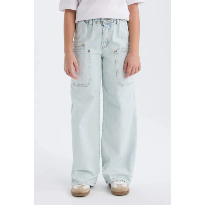 Defacto D711 Mavi Kız Çocuk Paperbag Kargo Geniş Paça Pamuklu Pantolon