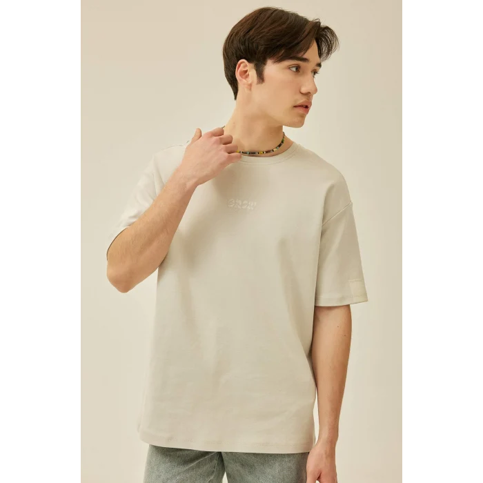 Defacto B422 Gri Comfort Regular Fit Rahat Kalıp Bisiklet Yaka Baskılı Kısa Kollu Ağır Kumaş Tişört