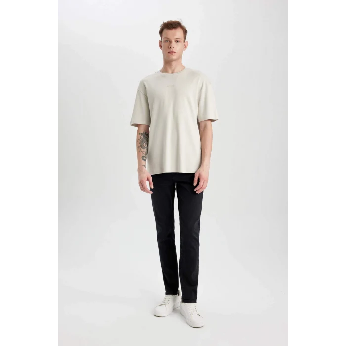 Defacto B422 Gri Comfort Regular Fit Rahat Kalıp Bisiklet Yaka Baskılı Kısa Kollu Ağır Kumaş Tişört