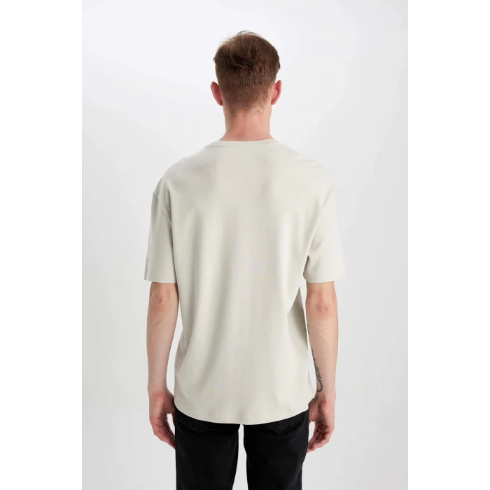 Defacto B422 Gri Comfort Regular Fit Rahat Kalıp Bisiklet Yaka Baskılı Kısa Kollu Ağır Kumaş Tişört