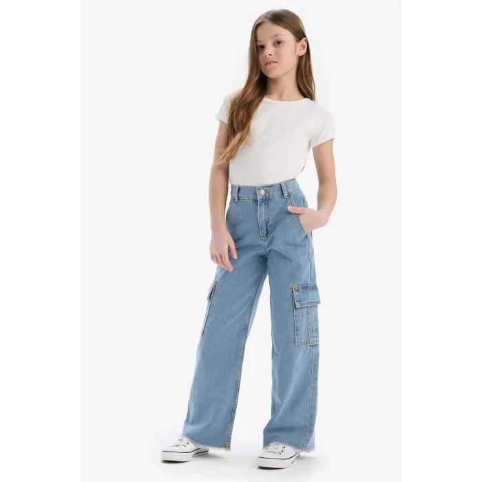 Defacto E2304 Mavi Kız Çocuk Wide Leg Kargo Geniş Bol Paça Jean Pantolon
