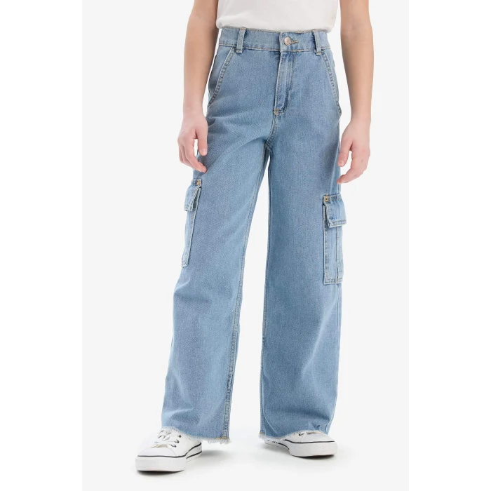 Defacto E2304 Mavi Kız Çocuk Wide Leg Kargo Geniş Bol Paça Jean Pantolon