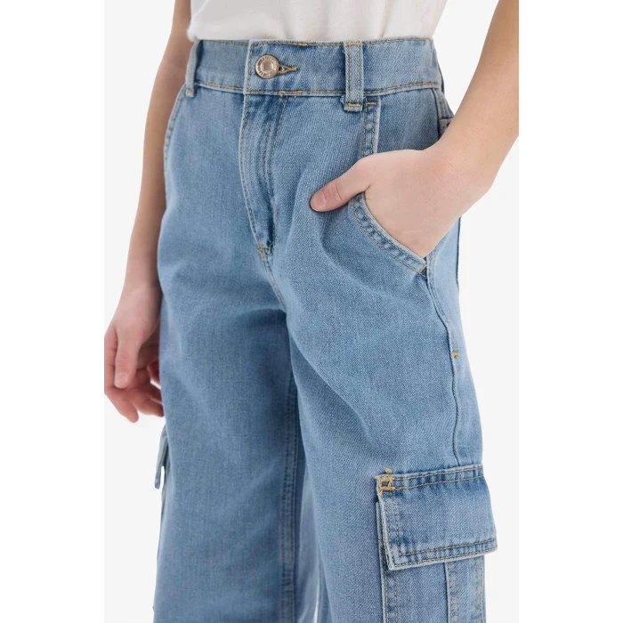 Defacto E2304 Mavi Kız Çocuk Wide Leg Kargo Geniş Bol Paça Jean Pantolon