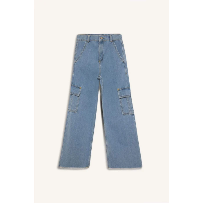 Defacto E2304 Mavi Kız Çocuk Wide Leg Kargo Geniş Bol Paça Jean Pantolon