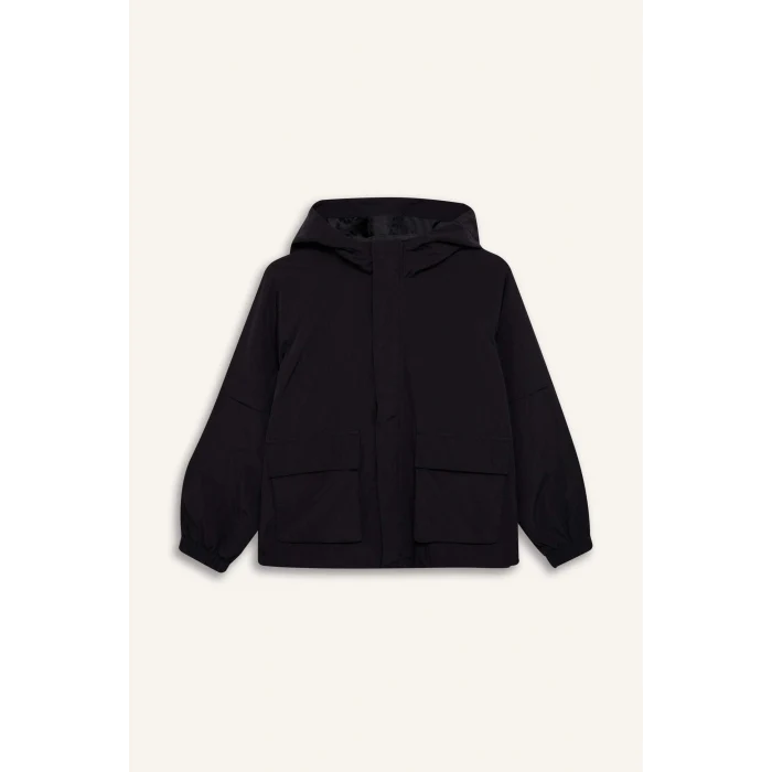 Defacto D6934 Siyah Kız Çocuk Su İtici Kapüşonlu Fermuarlı Çıtçıt Kapamalı Cepli Yağmurluk