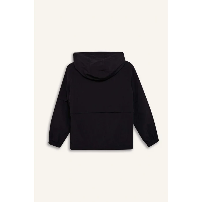 Defacto D6934 Siyah Kız Çocuk Su İtici Kapüşonlu Fermuarlı Çıtçıt Kapamalı Cepli Yağmurluk