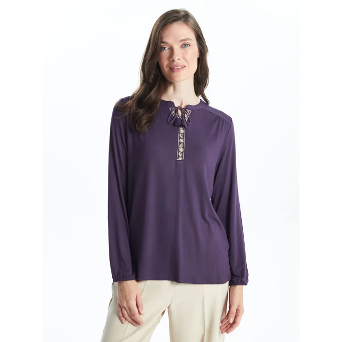 LCW Grace MOR Bağlamalı Yaka Nakışlı Kadın Bluz