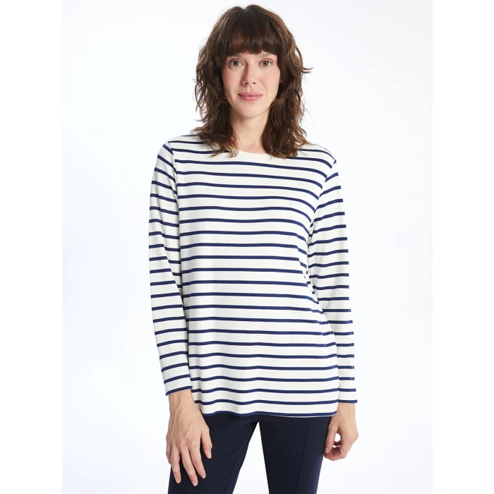 LCWAIKIKI Basic LACİVERT Bisiklet Yaka Çizgili Kadın Tişört