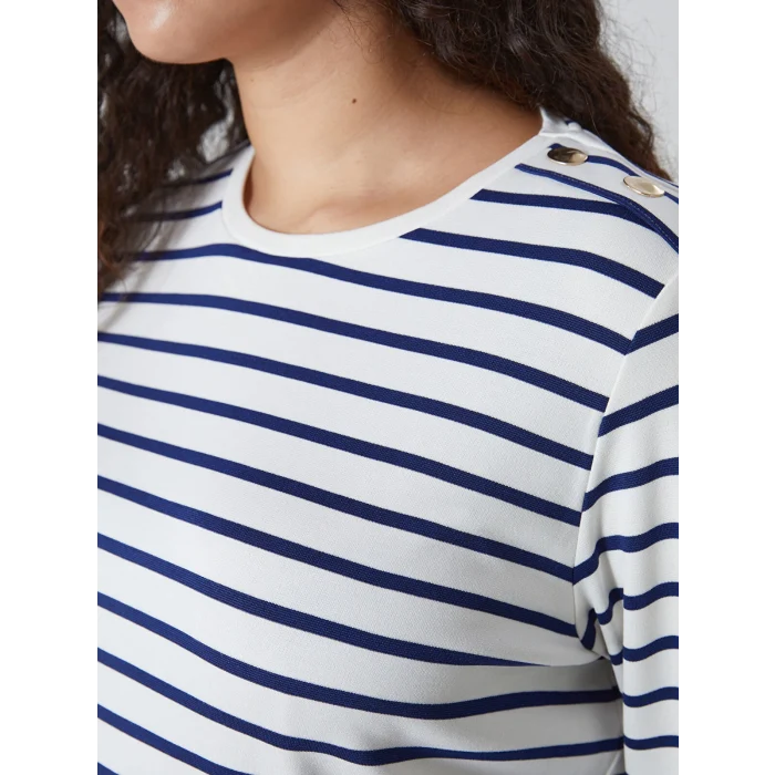 LCWAIKIKI Basic LACİVERT Bisiklet Yaka Çizgili Kadın Tişört