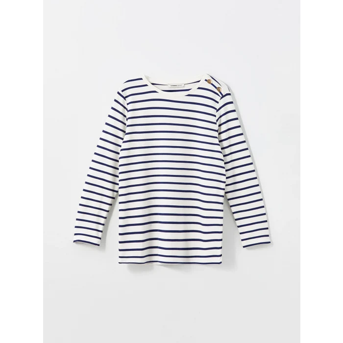 LCWAIKIKI Basic LACİVERT Bisiklet Yaka Çizgili Kadın Tişört