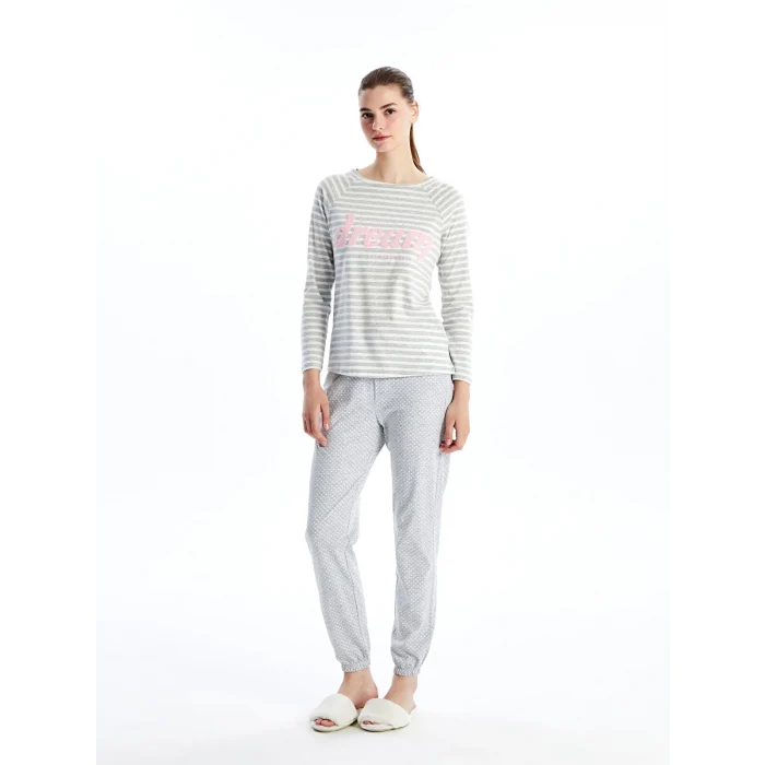LCW DREAM GRİ Bisiklet Yaka Baskılı Kadın Pijama Takımı