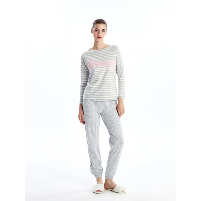 LCW DREAM GRİ Bisiklet Yaka Baskılı Kadın Pijama Takımı