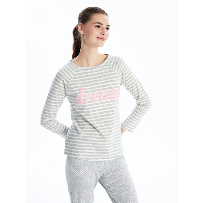 LCW DREAM GRİ Bisiklet Yaka Baskılı Kadın Pijama Takımı