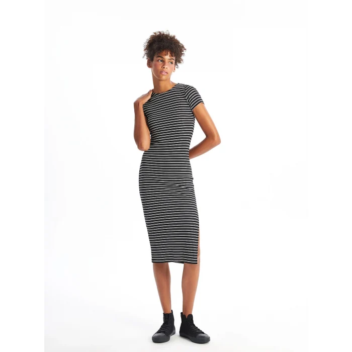 XSIDE SİYAH Bisiklet Yaka Çizgili Kısa Kollu Kadın Bodycon Elbise