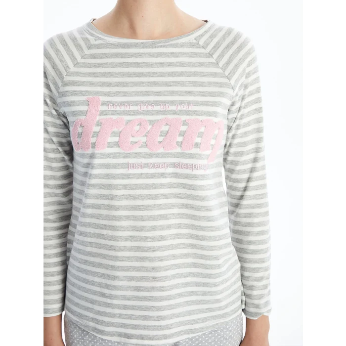 LCW DREAM GRİ Bisiklet Yaka Baskılı Kadın Pijama Takımı