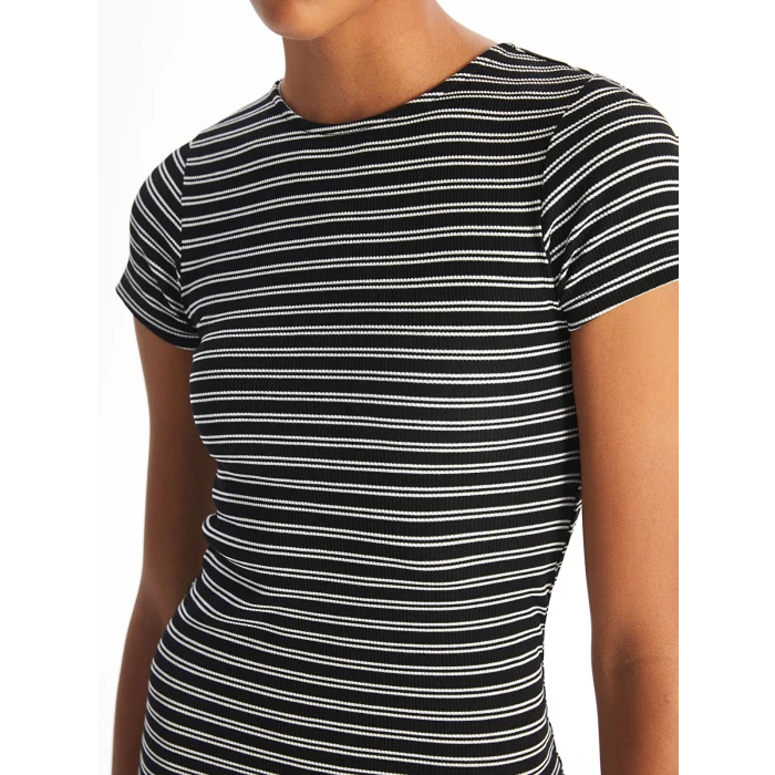 XSIDE SİYAH Bisiklet Yaka Çizgili Kısa Kollu Kadın Bodycon Elbise