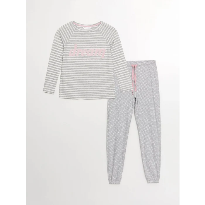 LCW DREAM GRİ Bisiklet Yaka Baskılı Kadın Pijama Takımı